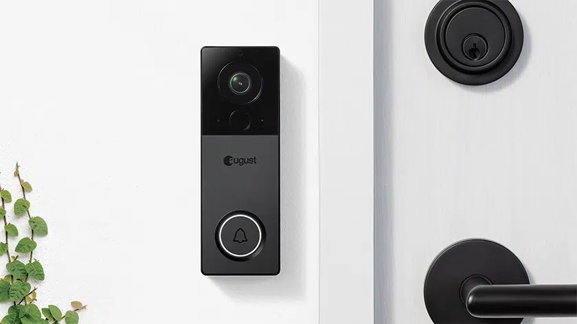 A promotional image of the August View, a smart wireless video doorbell.