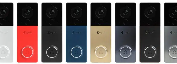 A promotional image of the eight different faceplate options available with the August View smart wireless video doorbell.