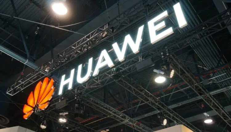 The Huawei logo at CES 2019.