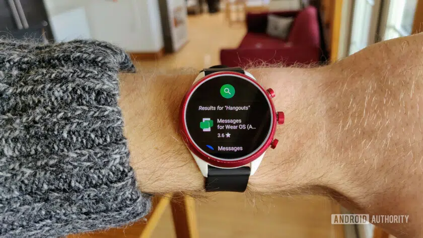A photograph of a Wear OS device showing that Hangouts has been removed from the Google Play Store.