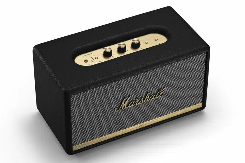 Marshall Stanmore II Voice Alexa speaker product image with the top panel angled revealing the analog knobs.