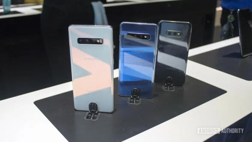 The three variants of the Samsung Galaxy S10 lined up on display in the Samsung Experience Store in Long Island.