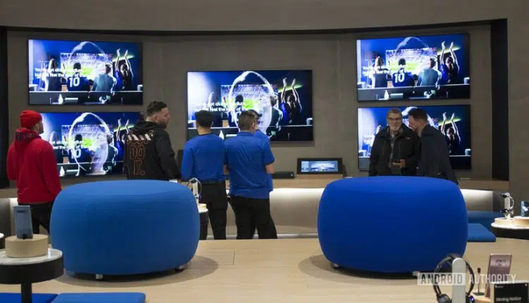 A wall of Samsung TVs on display at the Samsung Experience Store in Long Island.
