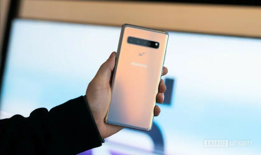 Backside photo of the new Samsung Galaxy S10 5G held in a hand.