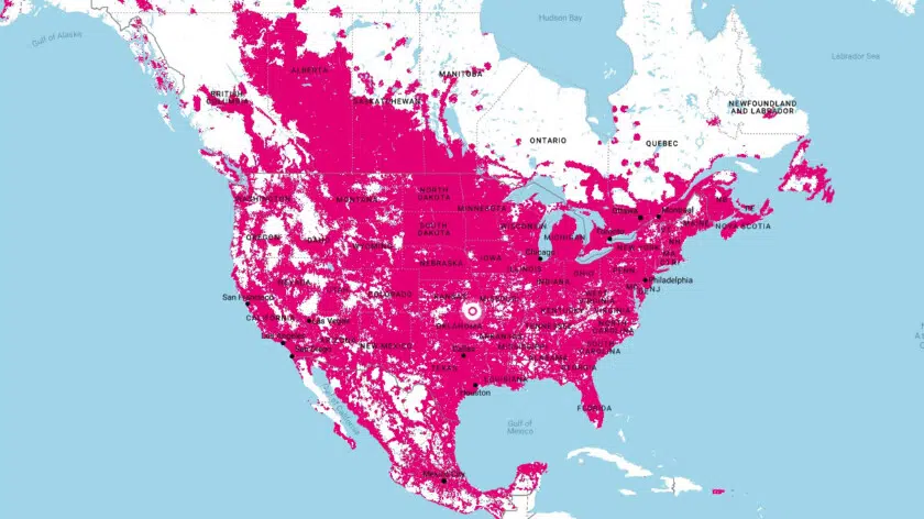 A map of T-Mobile coverage in North America as of February 2019.