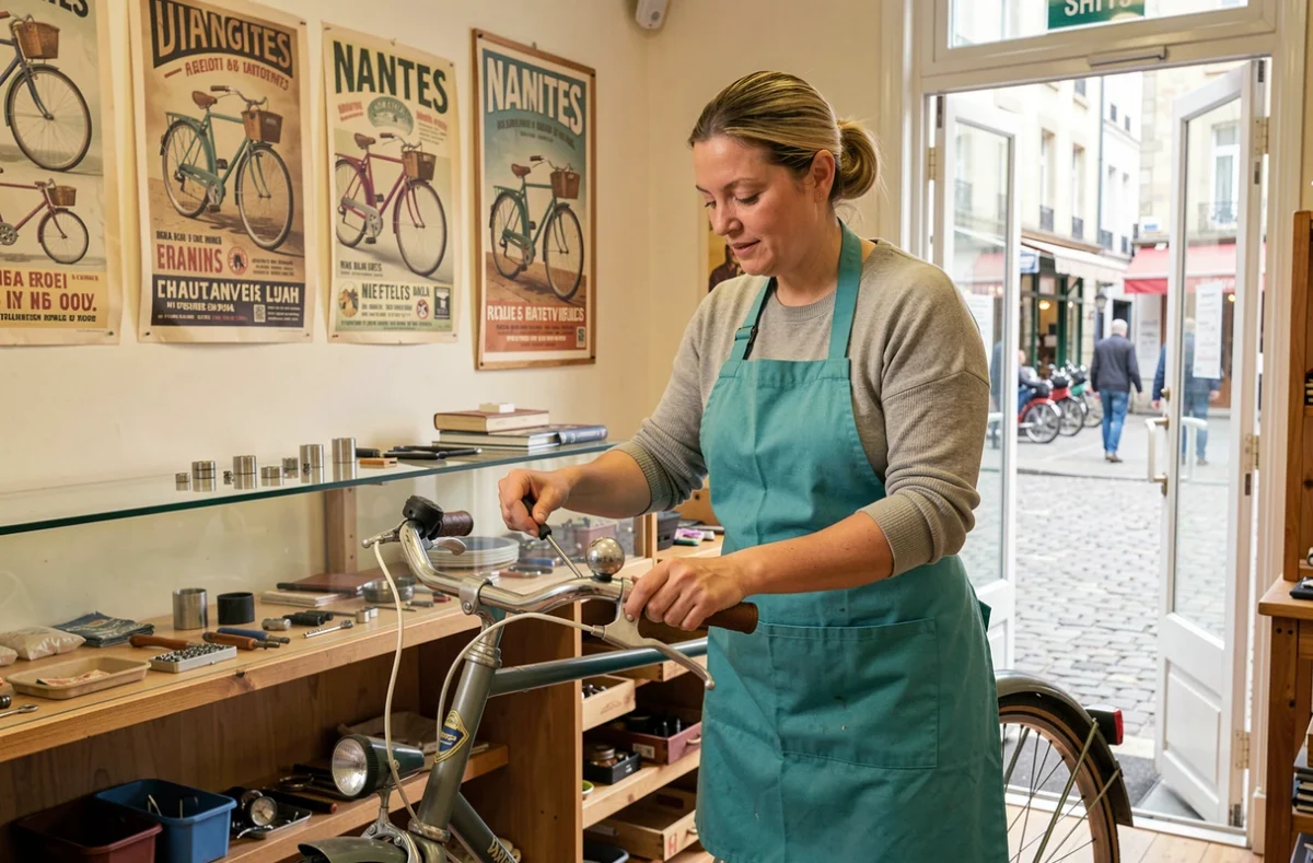 Réparatrice d'A Bicyclette serrant le guidon d'un vélo hollandais dans sa boutique nantaise
