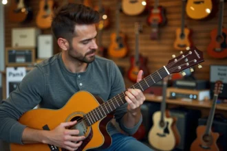 Client examinant une guitare acoustique dans un magasin de musique spécialisé