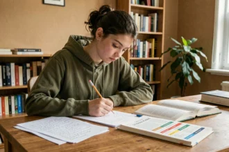 Adolescente concentrée qui révise ses devoirs de français avec des fiches et des livres de grammaire sur un bureau en bois
