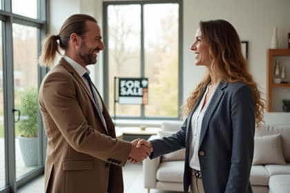 Agent immobilier souriant avec acheteurs dans un salon lumineux