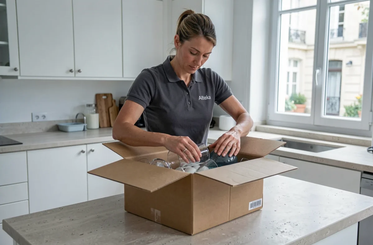 Déménageuse d'Alteka emballant soigneusement de la verrerie fragile dans un carton double paroi sur le comptoir d'une cuisine moderne d'appartement en France