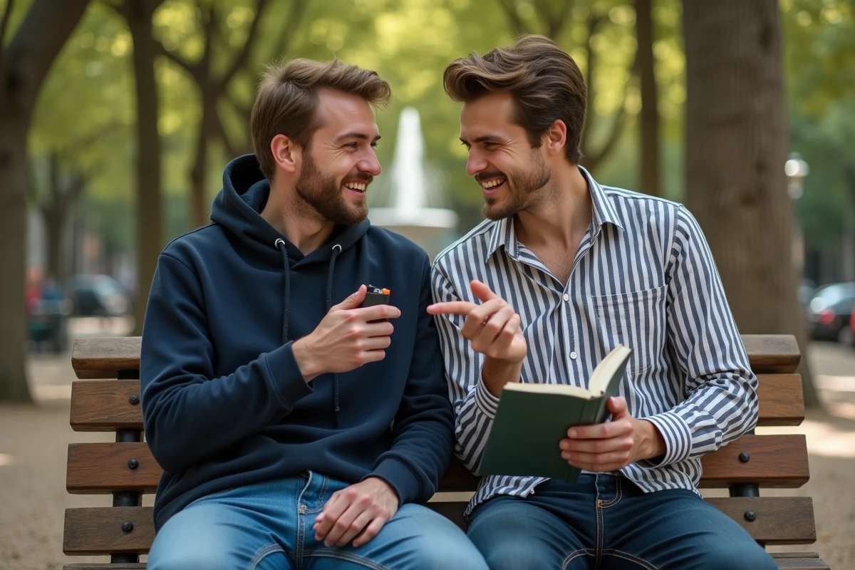 Deux amis dans un parc comparant un briquet et un guide de voyage en anglais, scène illustrant l'apprentissage du vocabulaire anglais en déplacement