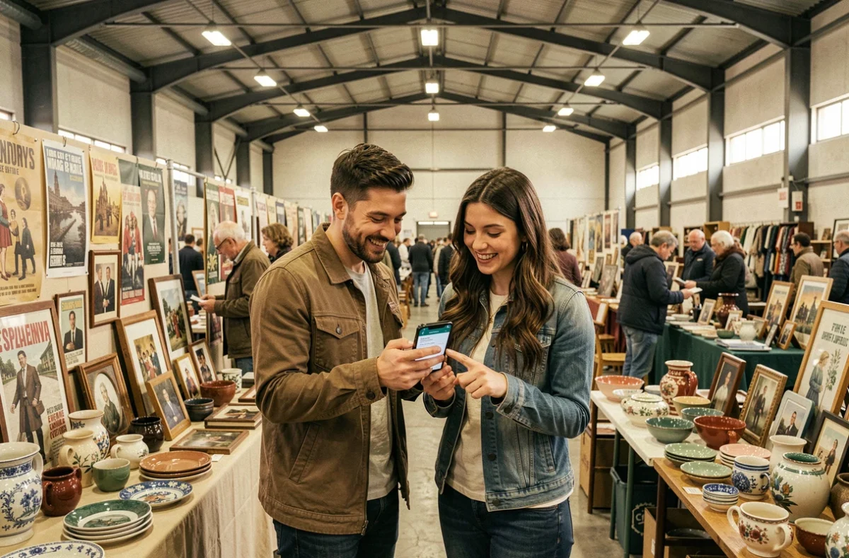 Deux amis consultant dabradou sur smartphone lors d'une brocante intérieure, entourés de collectionnables vintage et d'antiquités dans une grande salle communautaire