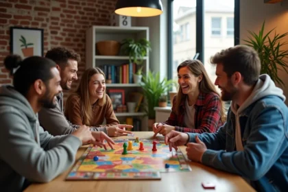 Groupe d'amis adultes jouant à un jeu de société autour d'une table en bois dans un appartement cosy