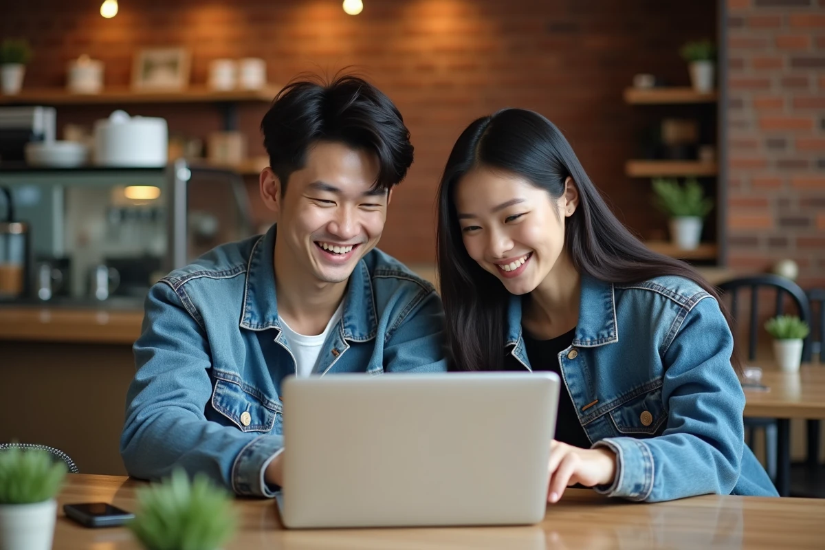 Deux amis consultant des chapitres de manhwa sur un ordinateur portable dans un café urbain