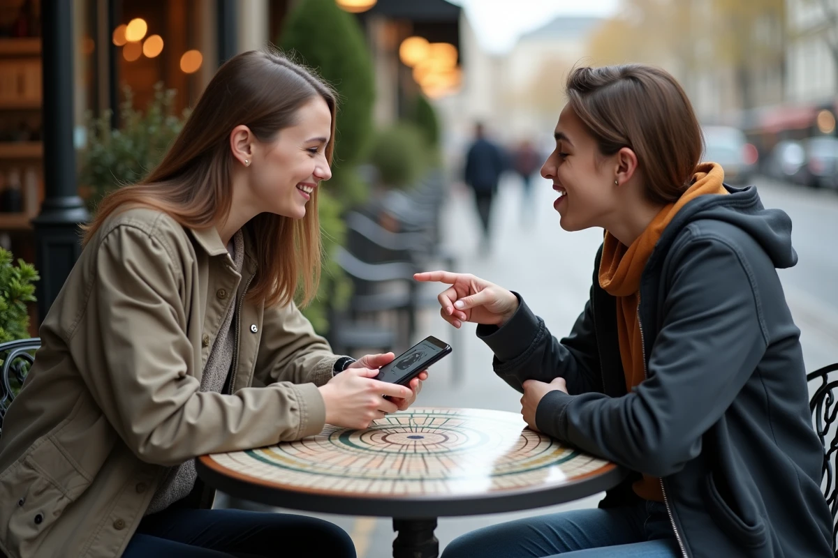 Deux amis jouant au pendu avec des mots intraduisibles sur smartphone dans un café parisien