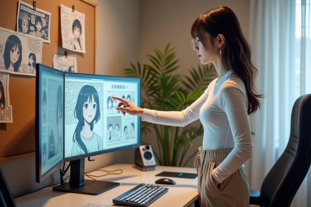 Jeune femme analysant la qualité d'un scan de webtoon sur grand écran de bureau