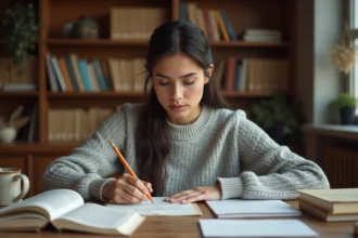 Femme analysant un terme complexe par écrit avec des notes et dictionnaires sur un bureau en bois