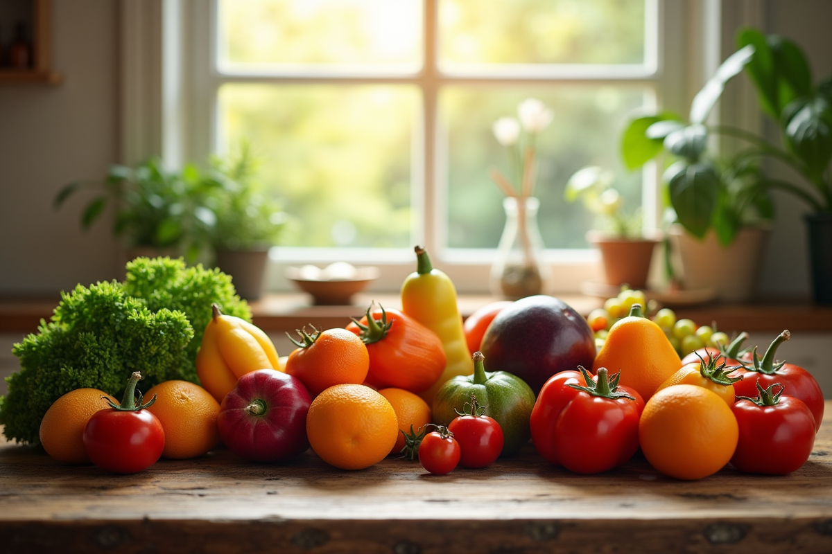 Assortiment de fruits et légumes frais de janvier sur une table en bois