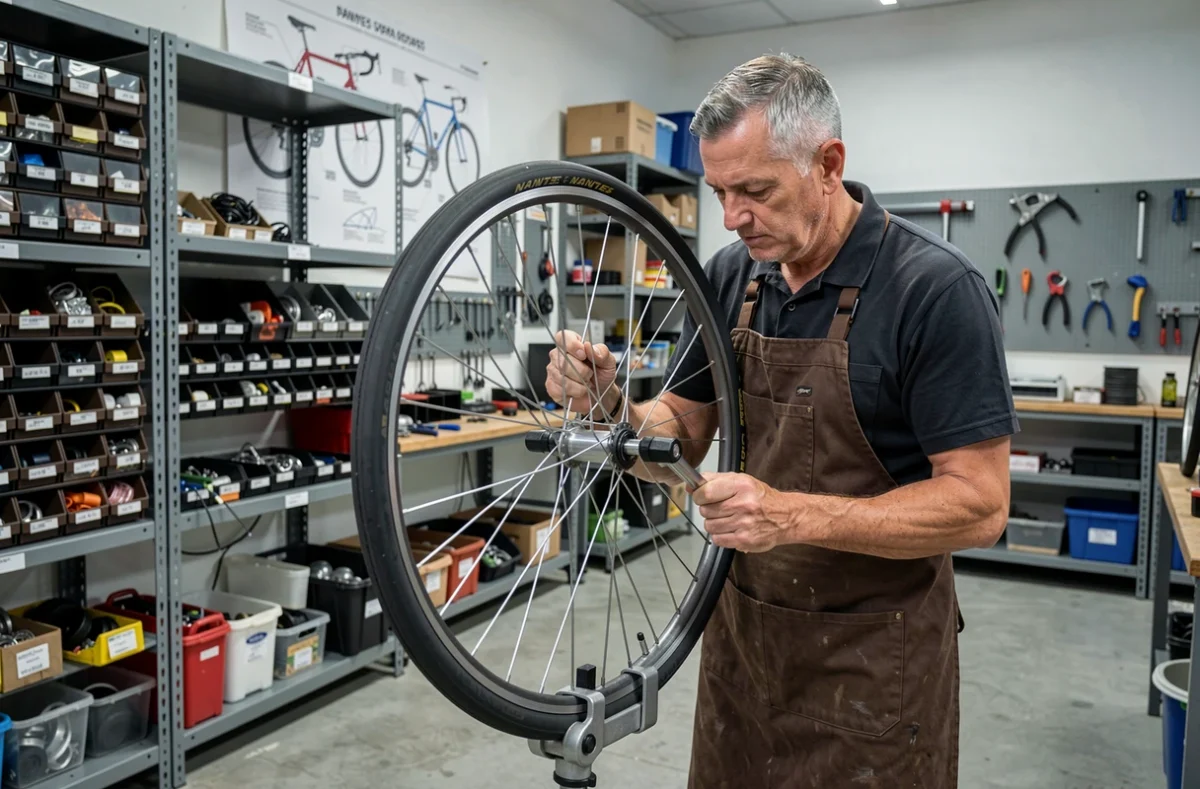 Mécanicien de l'Atelier Du Cycle voilant une roue de vélo dans son atelier de mécanique cycle à Nantes