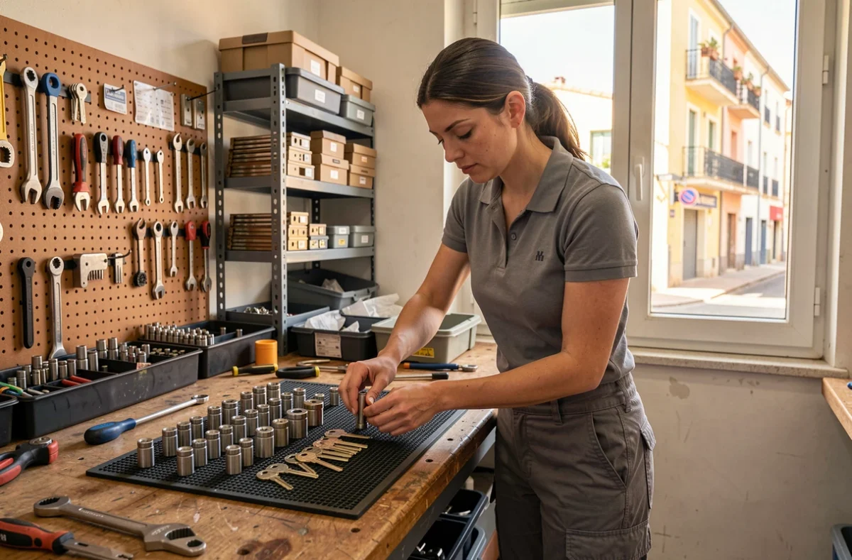Serrurier femme dans un atelier de serrurerie à Toulon triant des cylindres et clés de haute sécurité