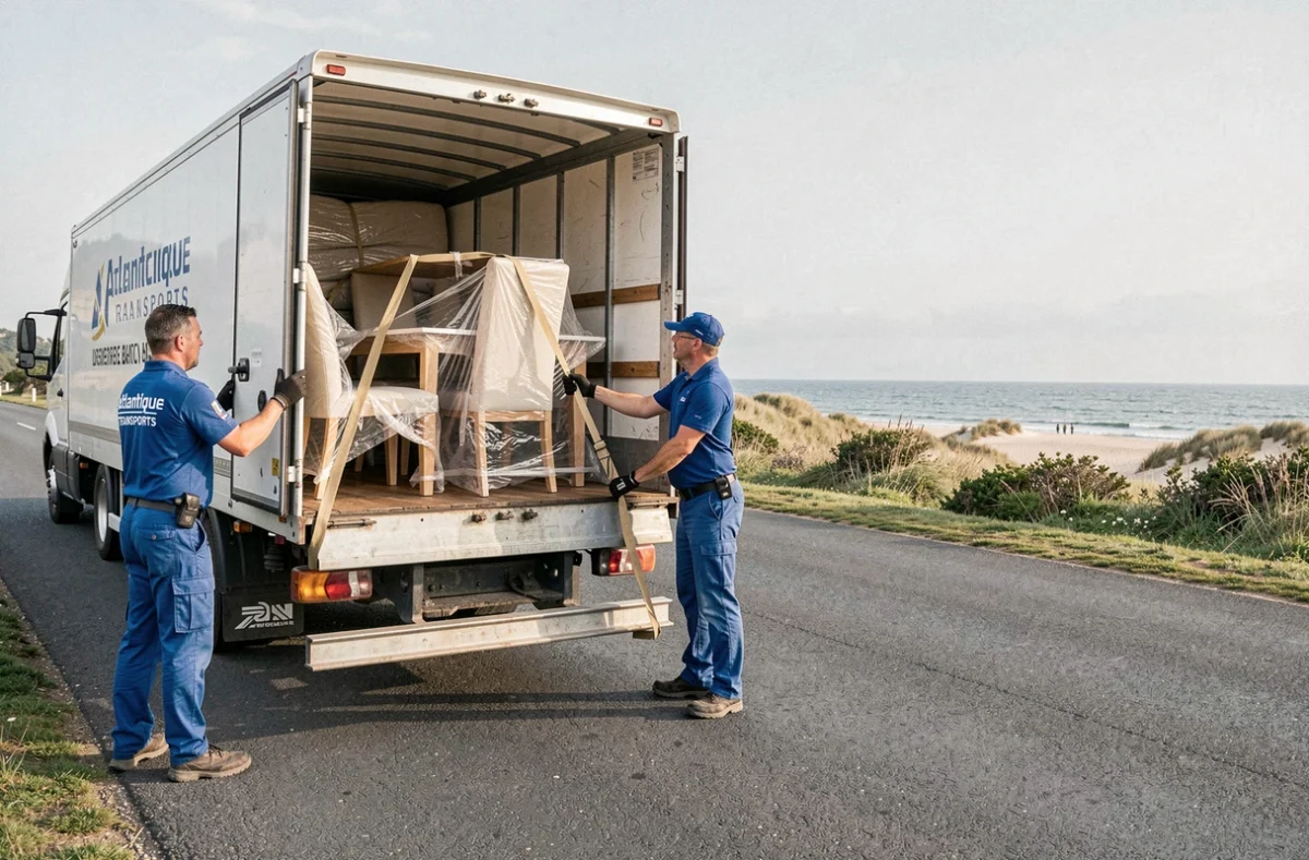 Équipe d'Atlantique Transports Déménagements Services chargeant des meubles emballés dans un camion sur une route côtière de Charente-Maritime avec l'Atlantique en arrière-plan