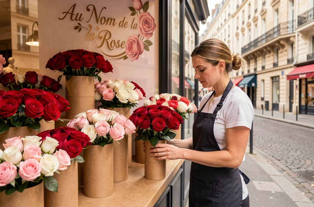 Boutique Au Nom de la Rose avec des compositions de roses rouges, roses et blanches dans des vases cylindriques élégants devant une façade parisienne typique