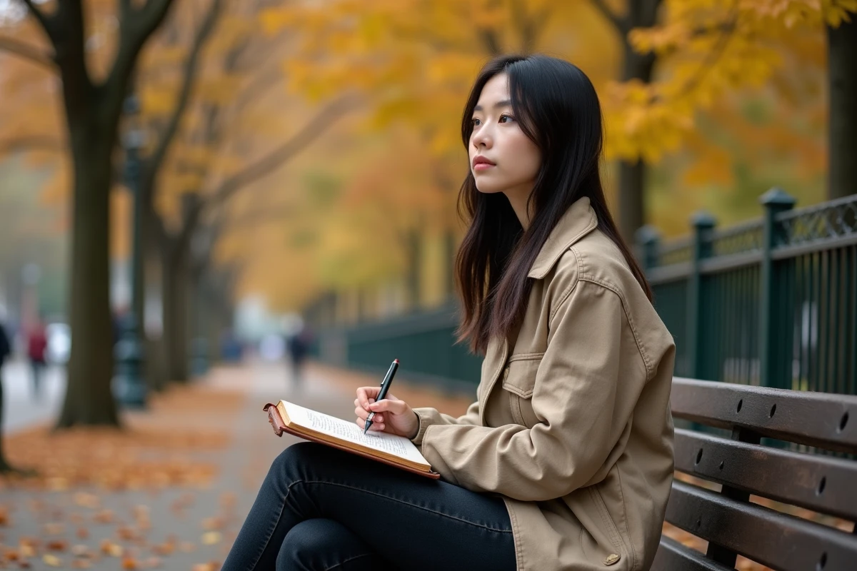 Jeune femme pensive assise dans un parc en automne avec un journal en cuir, dans une atmosphère documentaire et introspective