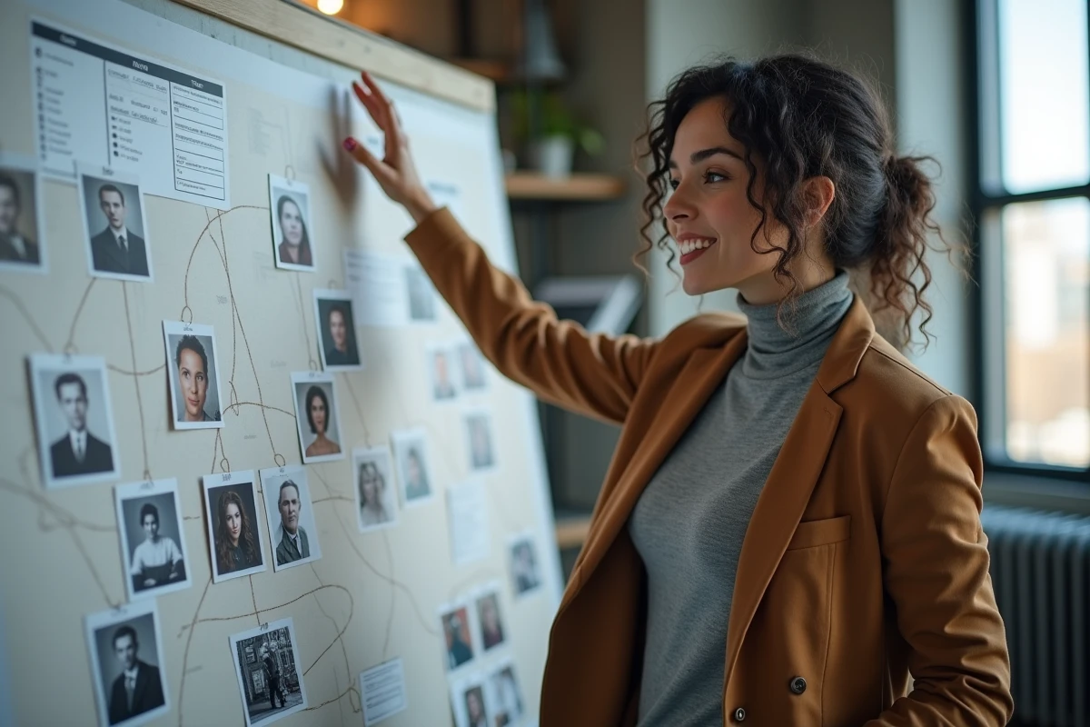 Femme présentant un tableau généalogique détaillé dans un bureau éditorial moderne avec des photos et des connexions historiques