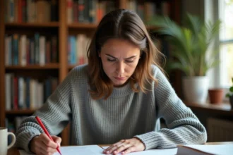 Auteure relisant son manuscrit avec des corrections au stylo rouge sur des pages imprimées