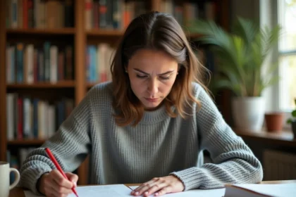 Auteure relisant son manuscrit avec des corrections au stylo rouge sur des pages imprimées