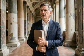 Avocat italien tenant un dossier juridique dans un couloir de palais de justice en marbre, évoquant les procédures légales contre les mouvements néofascistes en Italie