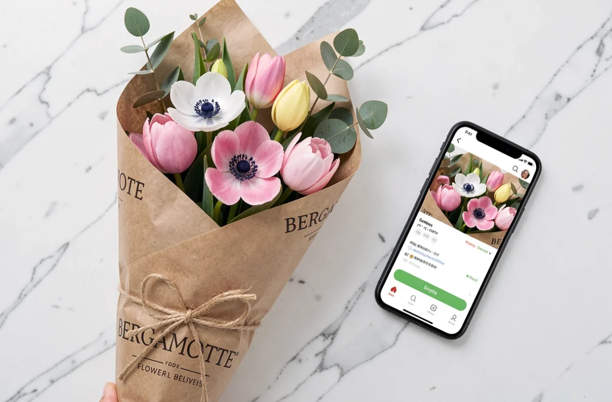 Bouquet de tulipes et anémones emballé dans du papier kraft de Bergamotte posé sur marbre blanc avec un smartphone affichant une application de commande florale