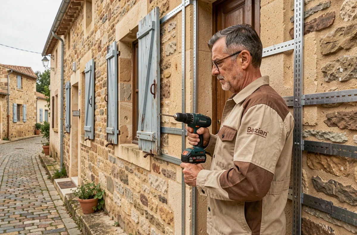 Artisan Bezian renforçant un cadre de porte avec des renforts anti-effraction sur une maison en pierre d'un village occitan