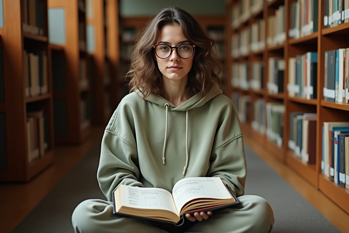 Jeune femme assise dans une bibliothèque avec un cahier d'analyse linguistique structurée par étapes