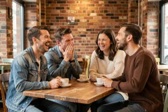 Groupe d'amis autour d'une table de café réagissant à une blague gênante avec des expressions complices et amusées