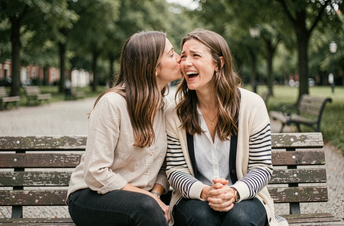 Deux amies sur un banc de parc partageant un secret amusant, l'une murmurant à l'oreille de l'autre avec un sourire complice