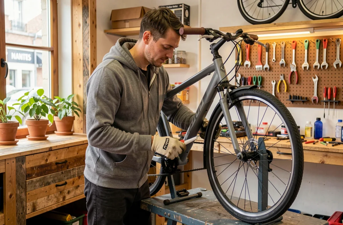 Mécanicien de Bo Velo lubrifiant la chaîne d'un vélo hybride dans l'atelier d'entretien à Nantes
