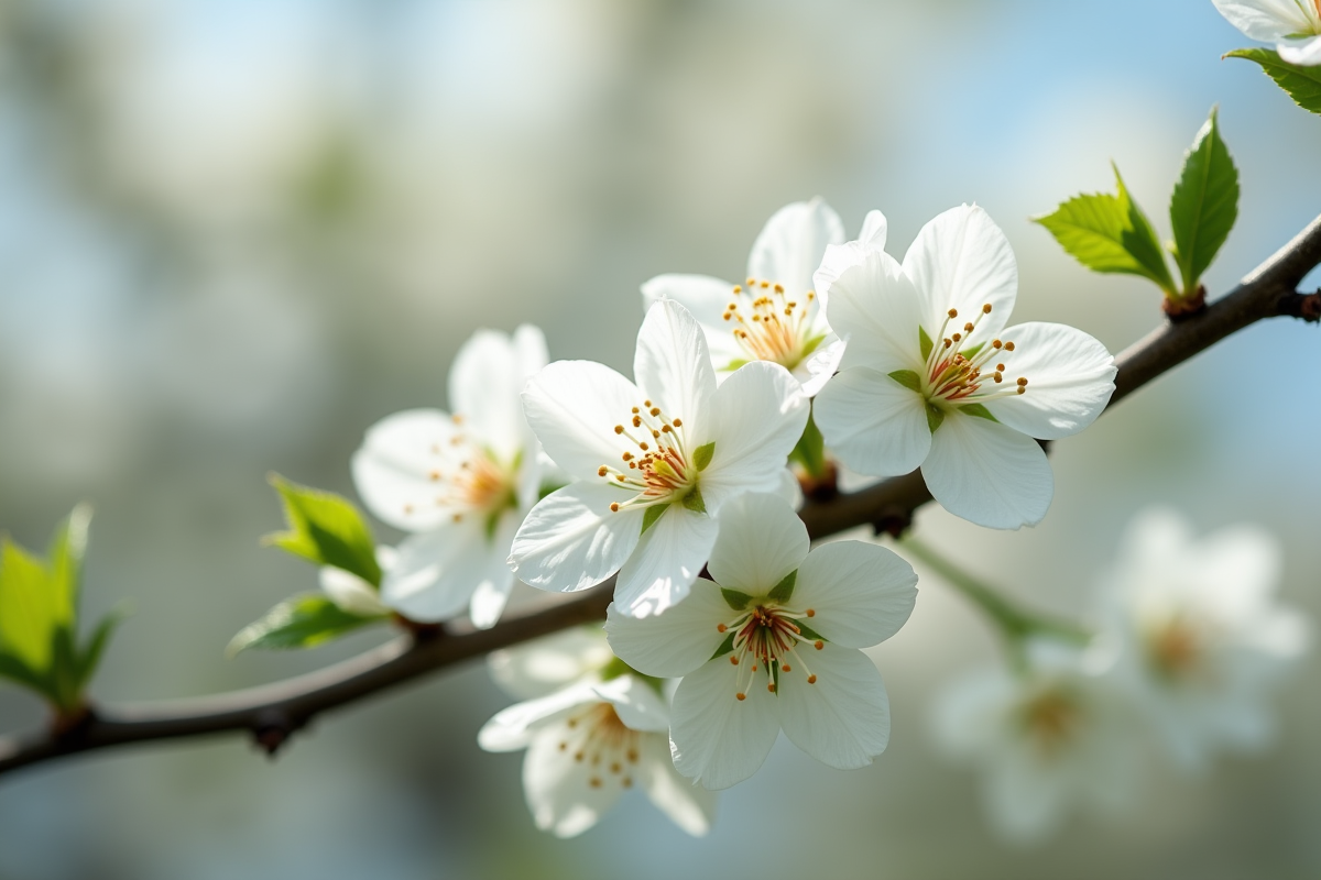 Gros plan sur une branche avec fleurs blanches fraîches