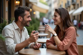 Un homme tend un briquet argenté à une femme dans un café en plein air en Europe, illustration d'une conversation en anglais entre voyageurs