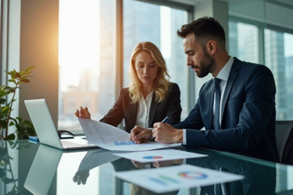 Bureau moderne banque avec deux professionnels discutant