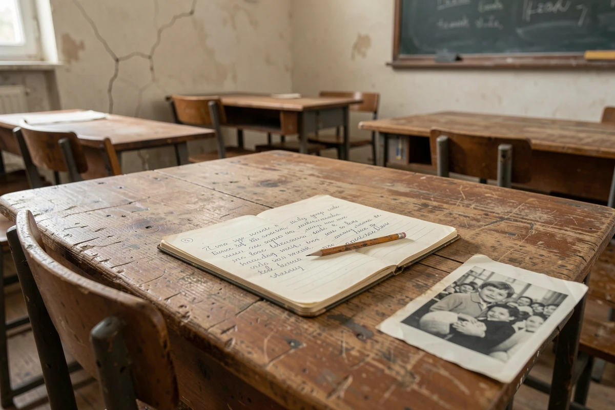 Bureau d'écolière avec cahier manuscrit et vieille photographie en noir et blanc dans une salle de classe ancienne