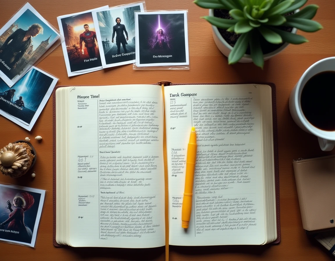 Vue aérienne d'un bureau avec des notes manuscrites et des affiches de films Marvel disposées en ordre chronologique pour créer une frise visuelle