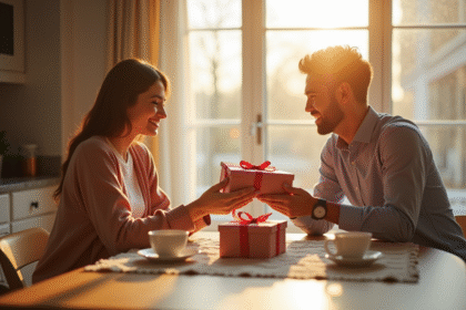 Couple échangeant des cadeaux élégants au petit déjeuner