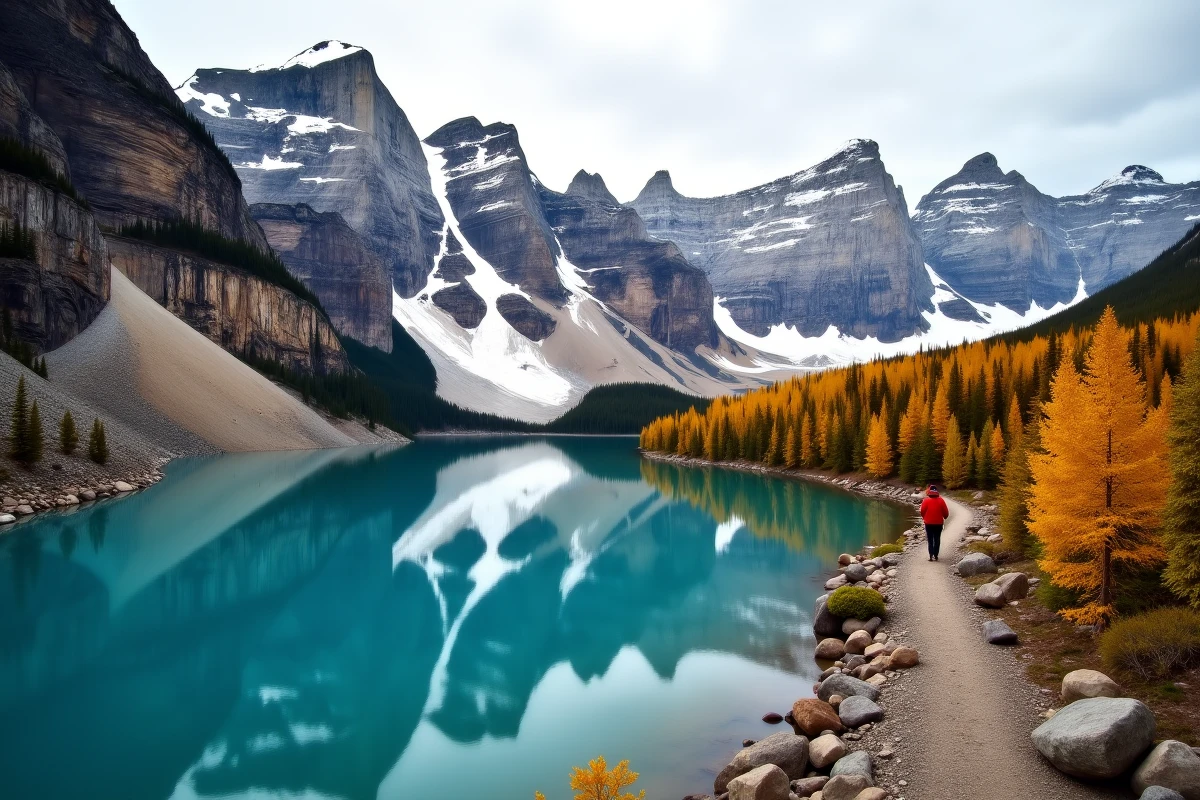 Lac glaciaire turquoise dans les Rocheuses canadiennes en automne illustrant la superficie du Canada