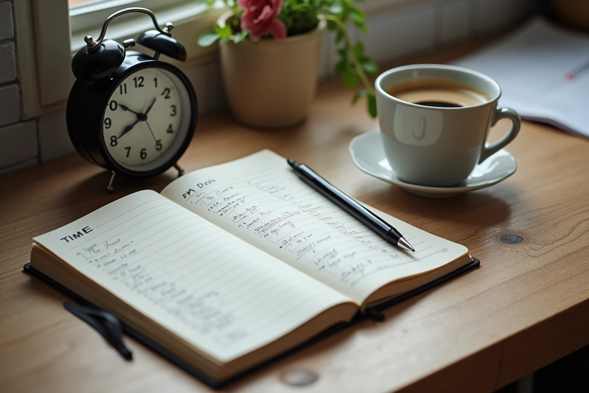 Carnet de notes sur la signification de AM et PM posé avec une horloge rétro et une tasse d'espresso sur une table en bois