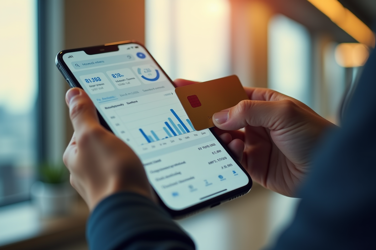 Main tenant carte bancaire et smartphone avec appli bancaire