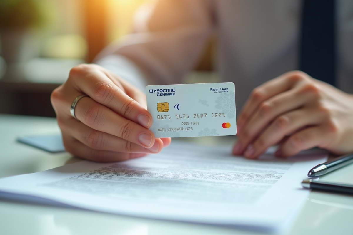 Deux mains tenant une carte bancaire Société Générale sur un bureau