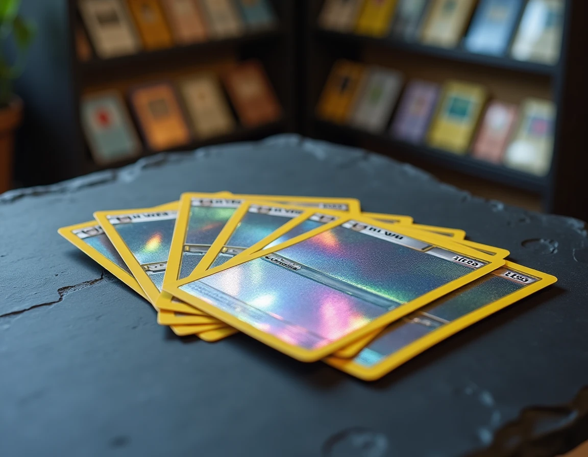 Cartes Pokémon holographiques rares étalées sur une surface en ardoise avec une carte gradée professionnellement