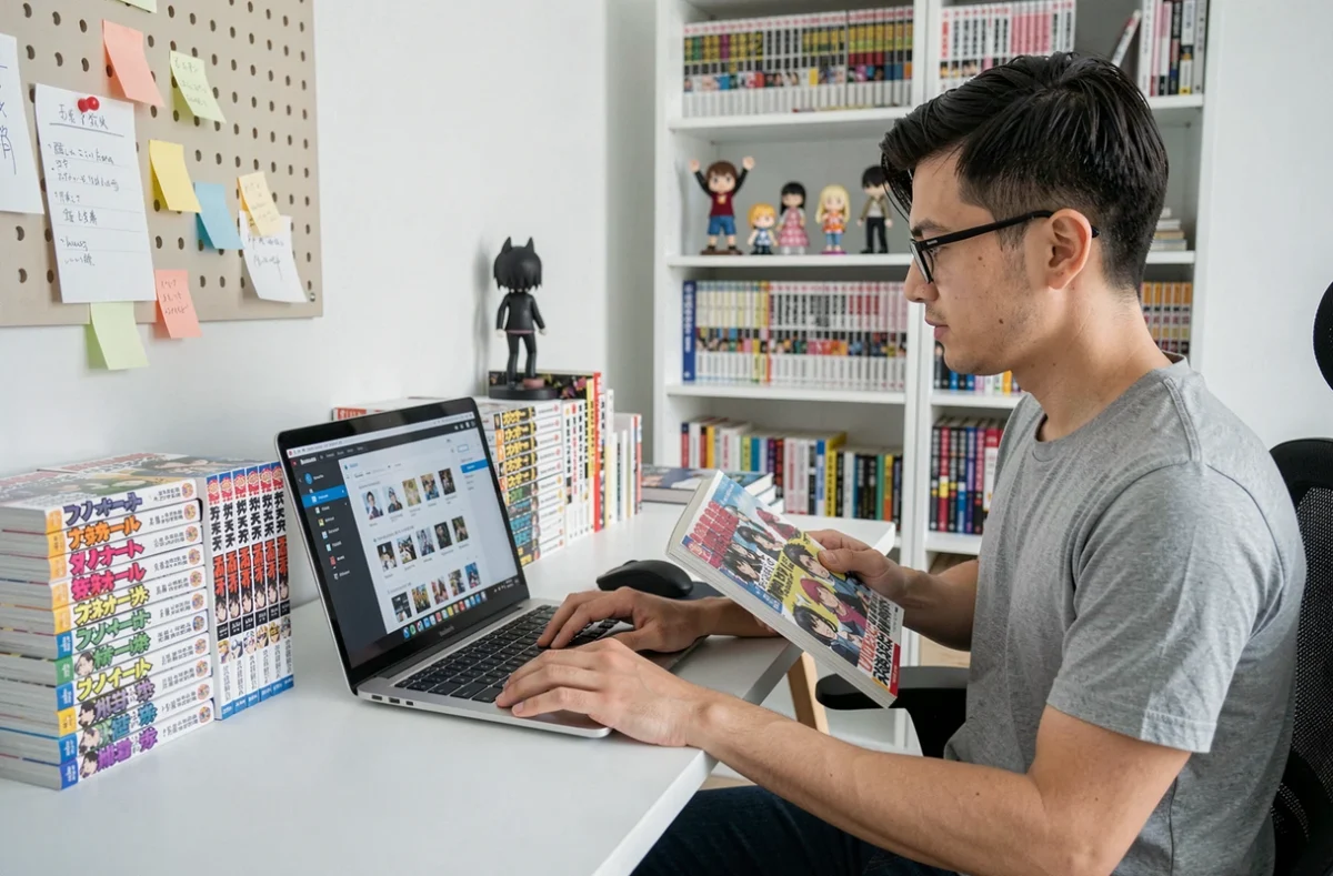 Homme cataloguant sa collection de mangas sur ordinateur avec un logiciel de gestion de bibliothèque numérique