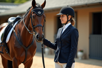 Cavalier equestre en compétition caressant son cheval en extérieur